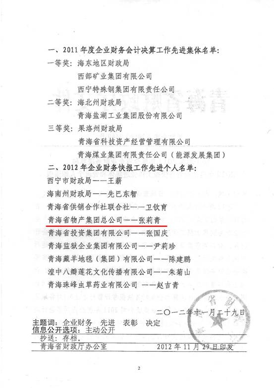 物產集團榮獲2011年度財務決算先進單位、2012年度財務快報工作先進個人表彰